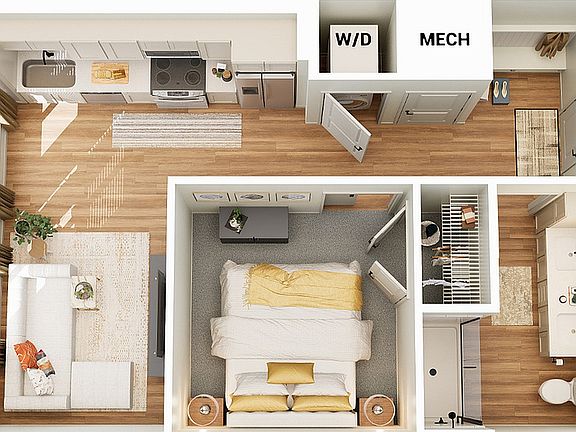 Charming 3D floor plan showcasing a one-bedroom apartment with a cozy living area, modern kitchen, and a sleek bathroom. Features include in-unit washer/dryer, stylish wood flooring, and ample closet space. Charming 3D floor plan showcasing a one-bedroom 