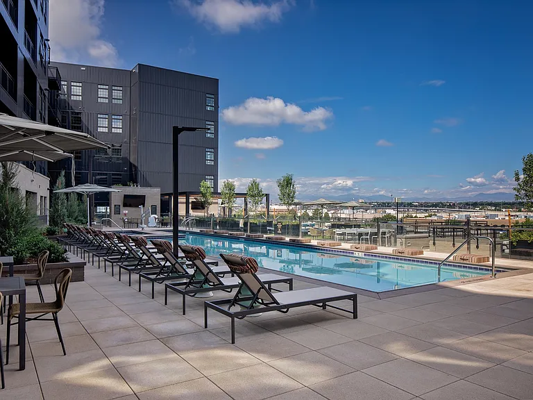 Lavish pool and spa deck featuring bar area and firepits