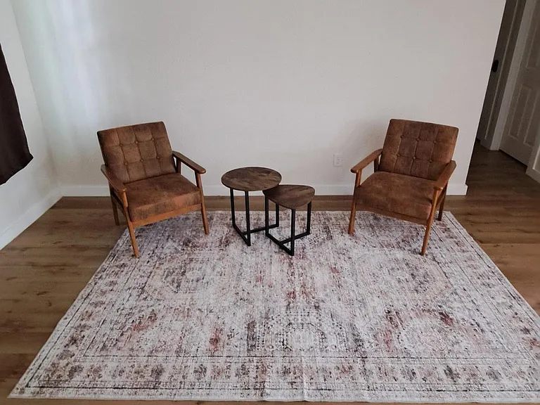Simple sitting area with two lounge chairs, nesting tables, and an area rug under a ceiling fan.