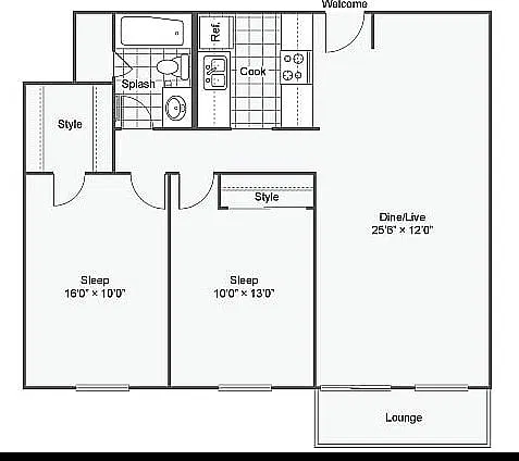 Floor plan 2 Bed 1 Bath B