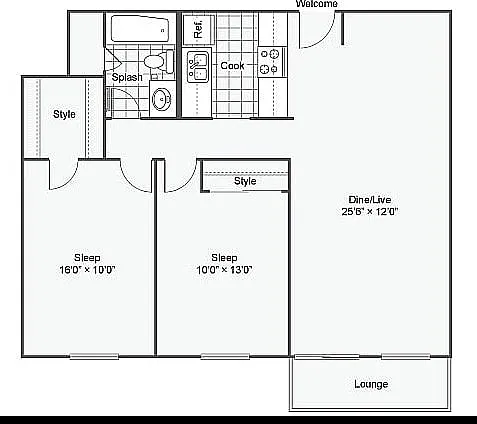 Floor plan 2 Bed 1 Bath B