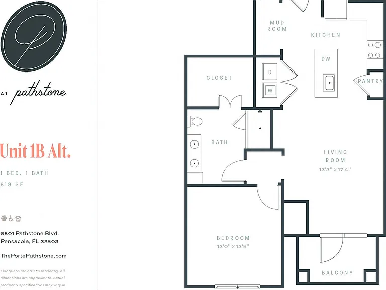 The Porte, 1B at., This one bedroom/one bathroom home features a large walk-in closet with custom shelving, a large living space and a mud room at the entrance.
