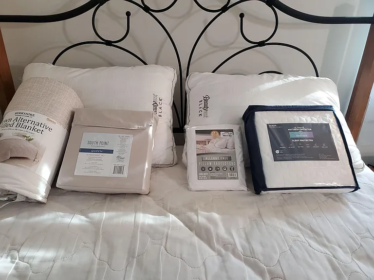 New Set of Linens, Towels, Blanket and mattress & pillow protectors. Comfortable setup for restful sleep.