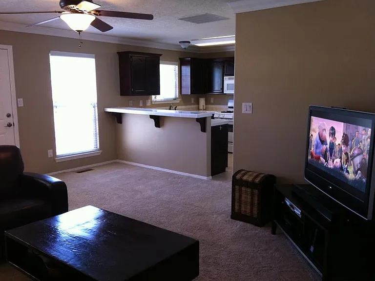 Livingroom to Kitchen and Breakfast bar, access to patio.