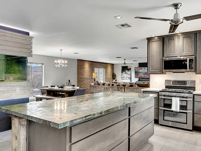 Kitchen, dining area, family room.