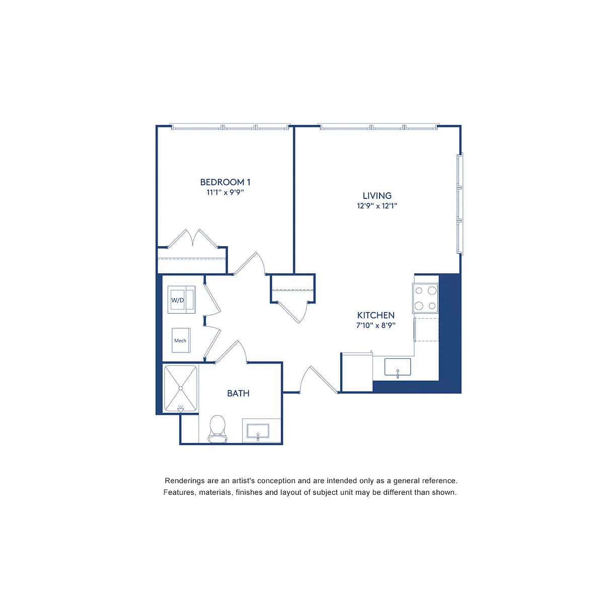Floor plan 1 BR 1 BA (625 SF)
