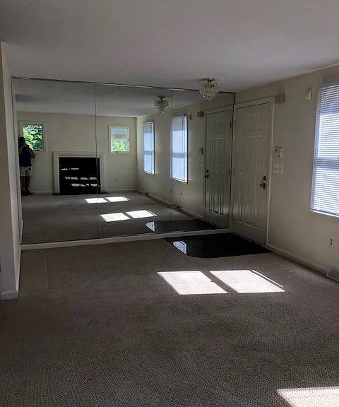Bright and inviting family room featuring a striking black marble fireplace and 4 windows that fill the space with natural light.