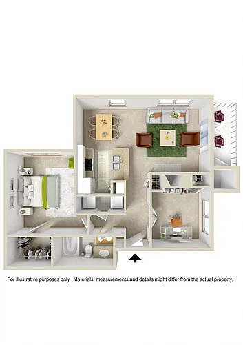 Floor plan 1 Bed 1 Bath with Den PLUS $50 Attached Garage