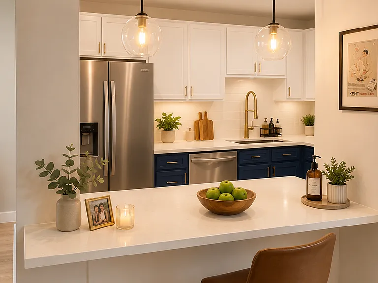 Large center island with pendant lights over it