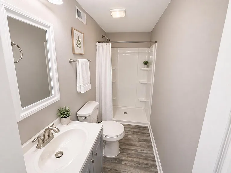Well-appointed full bathroom with a vanity sink, framed mirror, and walk-in shower with curtain and built-in shelving.