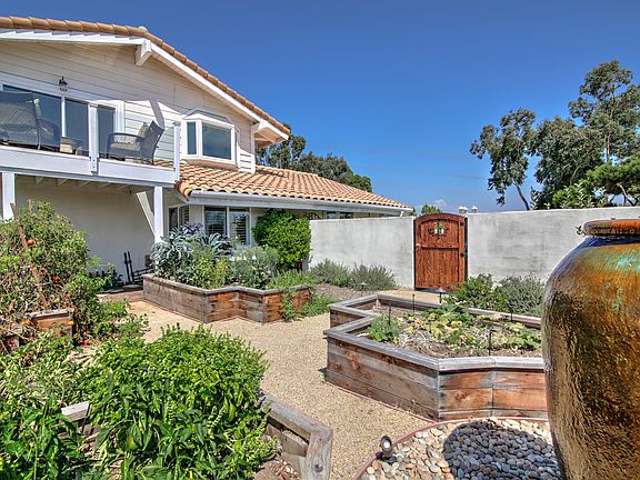 water feature and raised beds