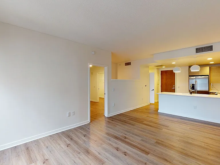 Apartment kitchen with stainless steel appliances, dining and living room with wood-style flooring.