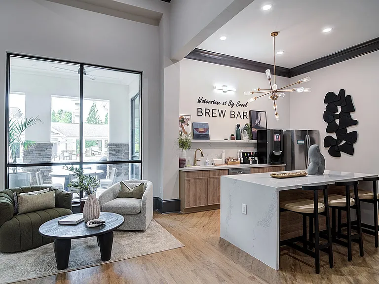 Newly renovated clubhouse with coffee station for residents and guests at Waterstone at Big Creek