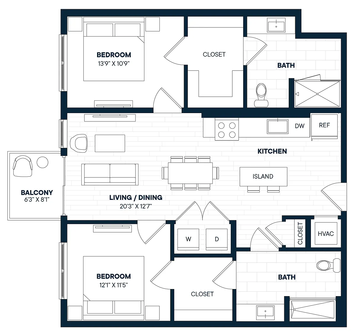 Floor plan 2 Bed 2 Bath-B2b-C