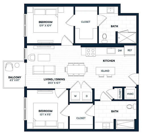 Floor plan 2 Bed 2 Bath-B2b-C