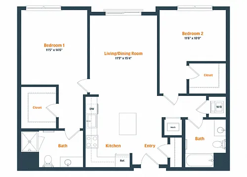 Floor plan B2 | 2 Bed | 2 Bath