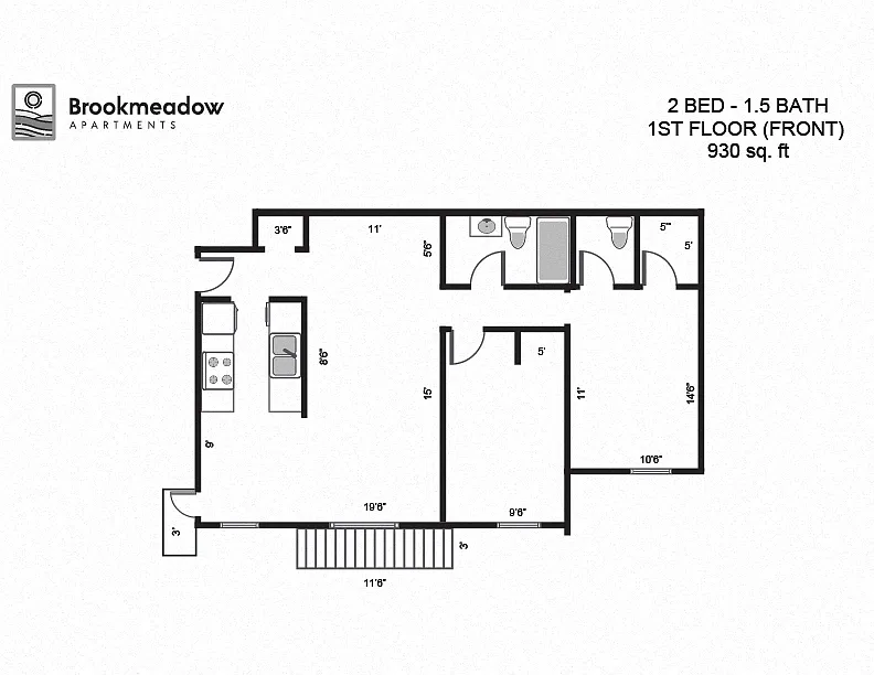 Floor plan 2 Bed, 1.5 Bath - 930 sq ft