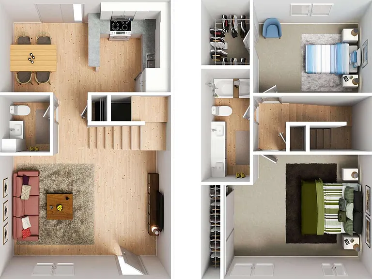 Floor plan showcasing a townhome two-story apartment with two bedrooms, a cozy living room, kitchen, and bathrooms. Floor plan showcasing a townhome two-story apartment with two bedrooms, a cozy living room, kitchen, and bathrooms.