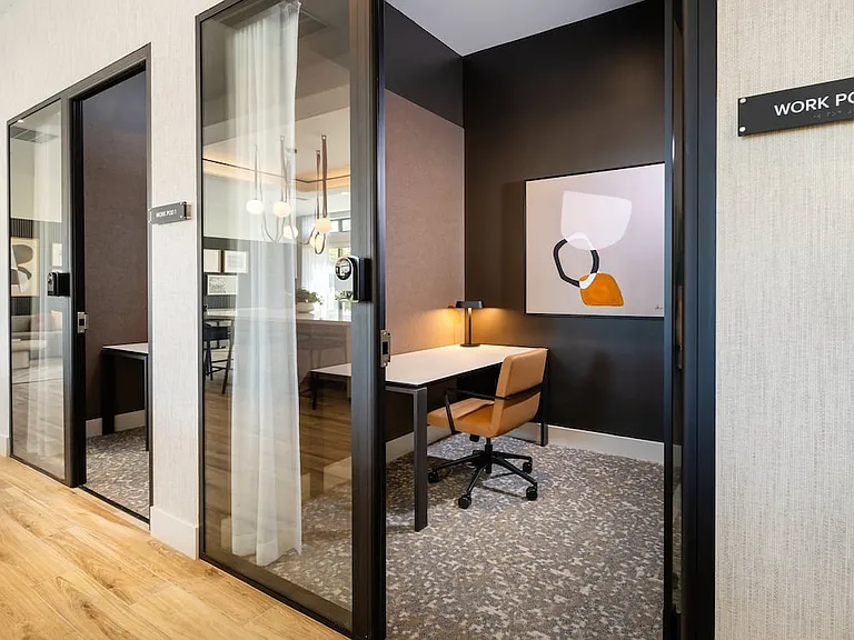 Phase II resident lounge with work pods