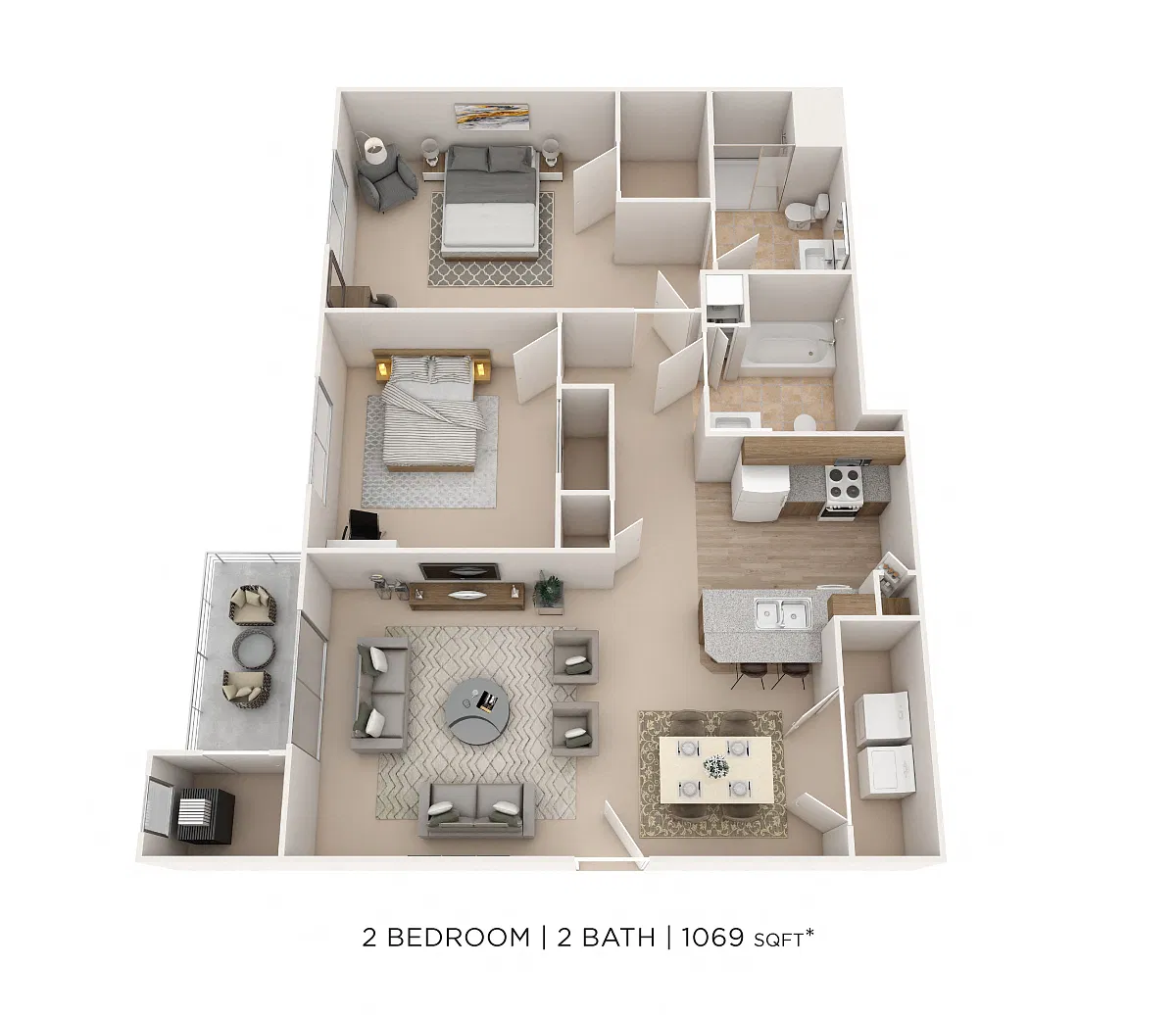 Floor plan Two Bedroom 2 Bath- 1,069 sqft
