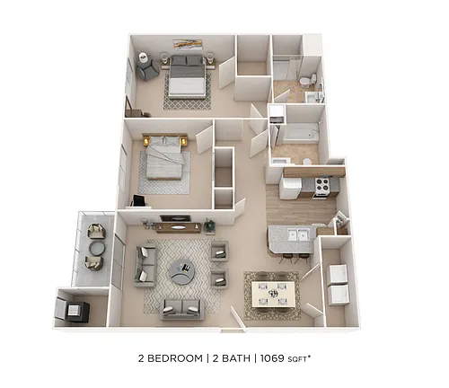 Floor plan Two Bedroom 2 Bath- 1,069 sqft