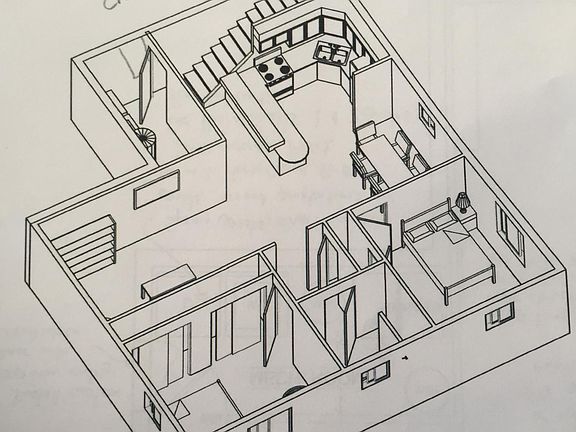 floor plan for basement unit, complete with private entrance private driveway and fenced yard. Egress windows