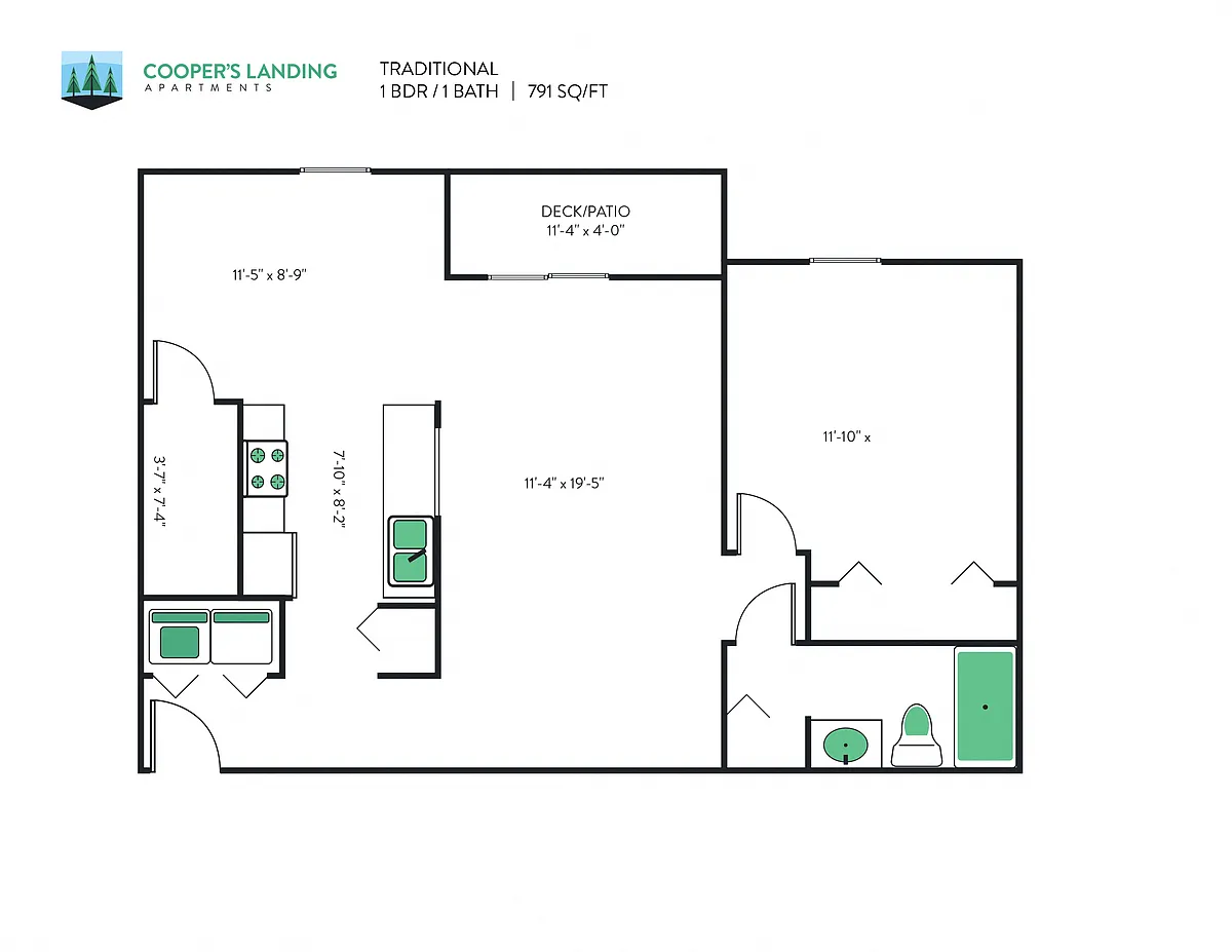 Floor plan 1 Bed, 1 Bath - 791 sq ft