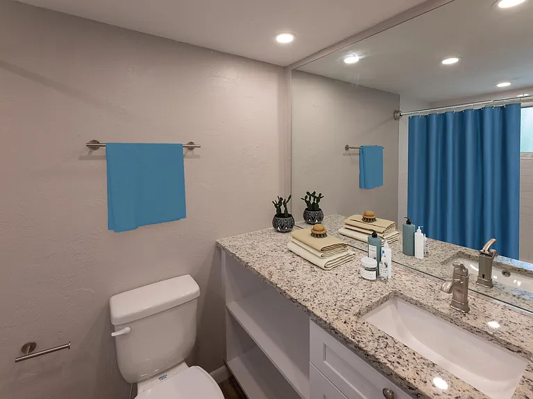 Granite countertop and built-in shelving