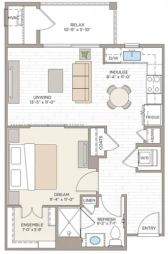 Floor plan 1 Bed/1 Bath-A1A