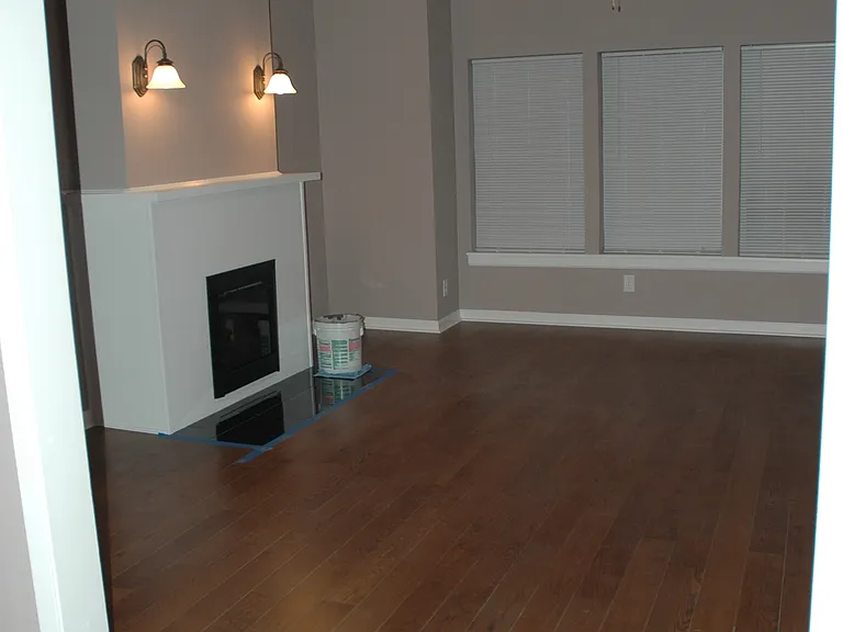 Living room with electric fireplace and ceiling fan.