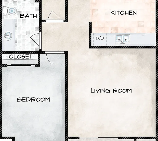 1 Bed 1 Bath Floorplan Diagram