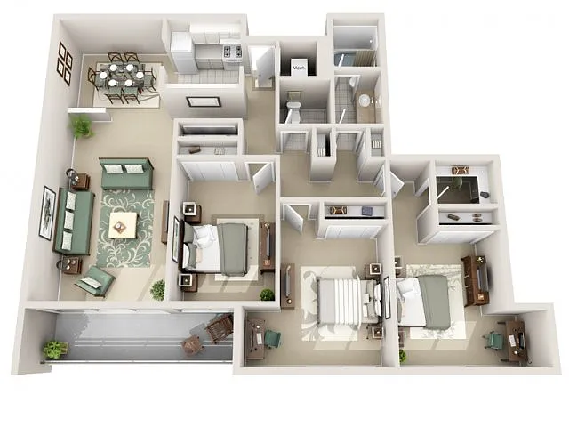 Floor plan 3 Bedroom 1.5 Bath Apartment