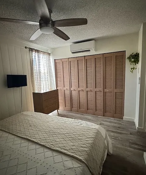 Primary bedroom with split AC, wide closet, tv and furnishings