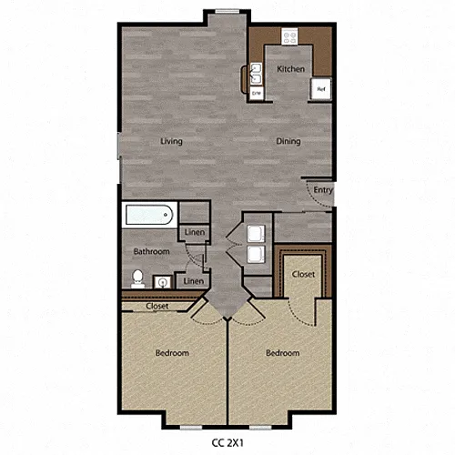 Floor plan 2 Bed, 1 Bath - 1032 SF