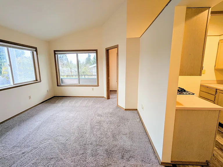 209 Kitchen off the living room shares vaulted ceilings