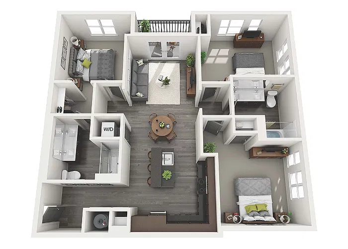 Floor plan 3 Bedroom 2 Bath - 1267 sq. ft.