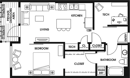 Floor plan 1 Bed/1 Bath Den ARCH-B1