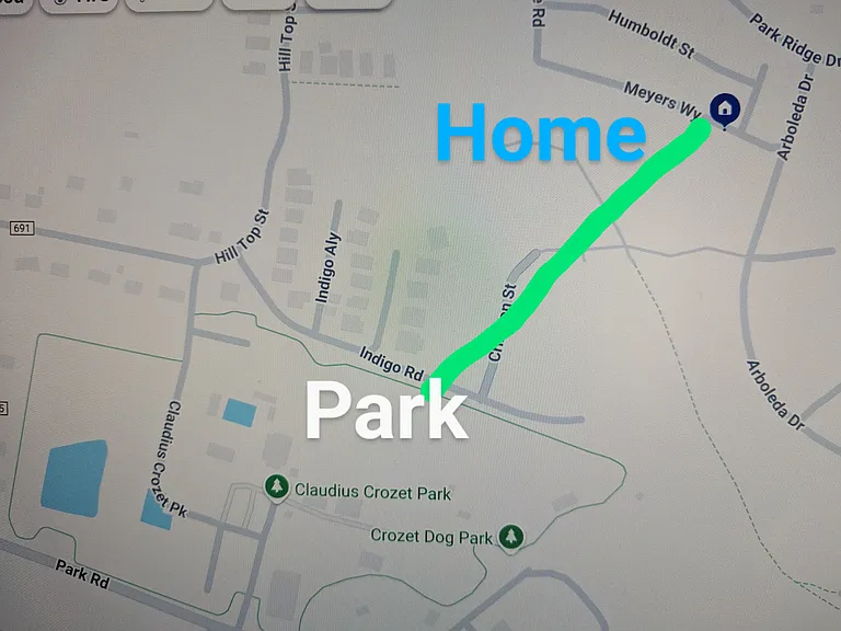 Walk greenway trail to Claudius Crozet 20 acre park. For a fee use pool, ball field, fitness classes, art festivals....