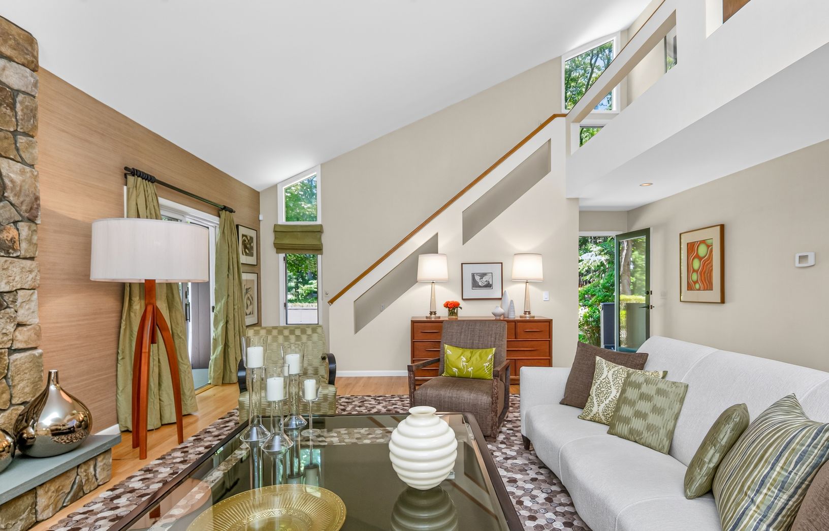 Stunning living room with cathedral ceilings