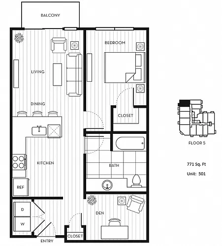Floor plan 1x1+D C - Type A