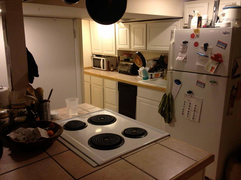 Kitchen island and counter, refrigerator