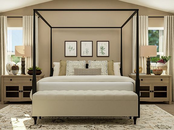 Rendering of a master suite that has king sized furniture.