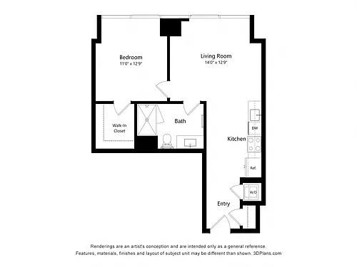 Floor plan 1 Bedroom 1 Bath (A02)