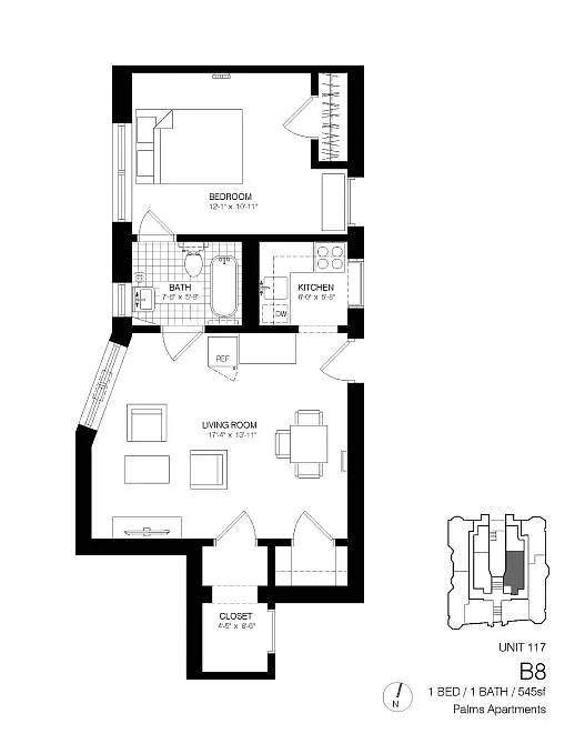 Floor plan 1 Bedroom 1 Bath B8