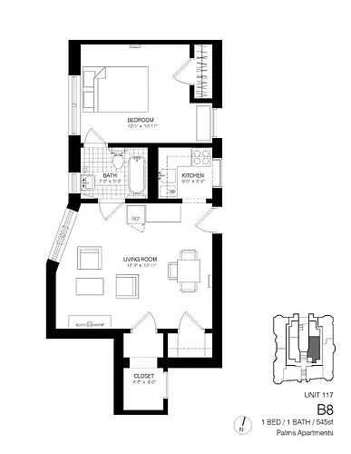 Floor plan 1 Bedroom 1 Bath B8 - Affordable