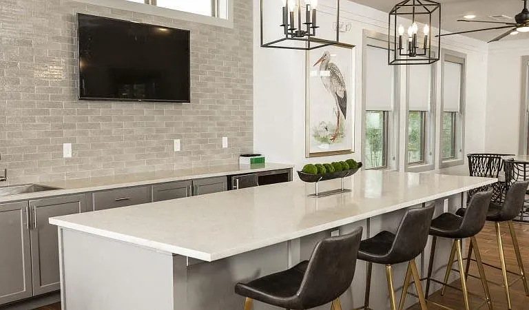 Communal kitchen with bar-style seating