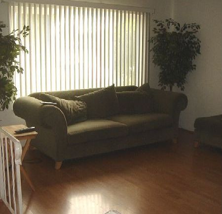 Bright, large family room with pergo flooring.
