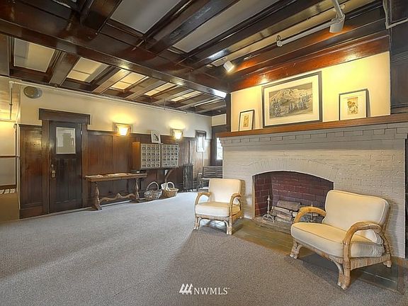Lobby of historic building with wooden beams