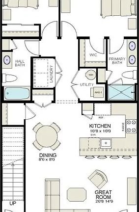 Floor plan showing two bedrooms, two bathrooms, kitchen, dining area, great room, and front rear por