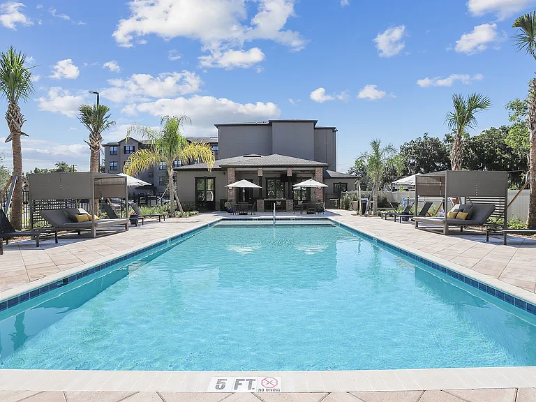 Elegant outdoor pool area with modern lounging furniture, surrounded by palm trees and a bright blue sky.